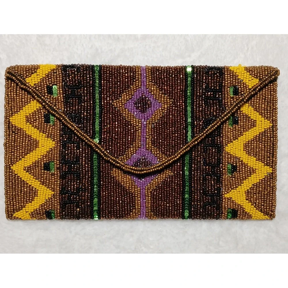 Boho-Chic Geometric Tribal‎ Hand-Beaded Clutch Purse Earthy Tones & Gold Accents